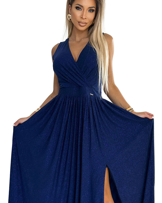 19368-8-362-9 JUSTINE Langes Kleid mit Ausschnitt und Bindeband hinten - Marineblau mit Glitzer-8
