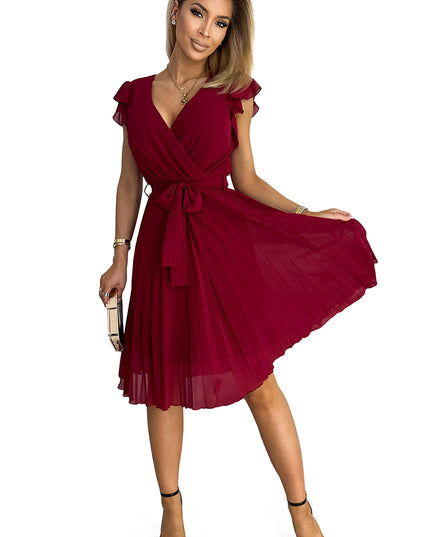 17092-7-374-2 POLINA Faltenkleid mit Ausschnitt und Rüschen - weinrote Farbe-7
