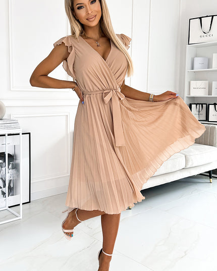 17944-2-374-5 POLINA Faltenkleid mit Ausschnitt und Rüschen - Beige-2