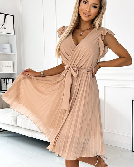 17944-4-374-5 POLINA Faltenkleid mit Ausschnitt und Rüschen - Beige-4