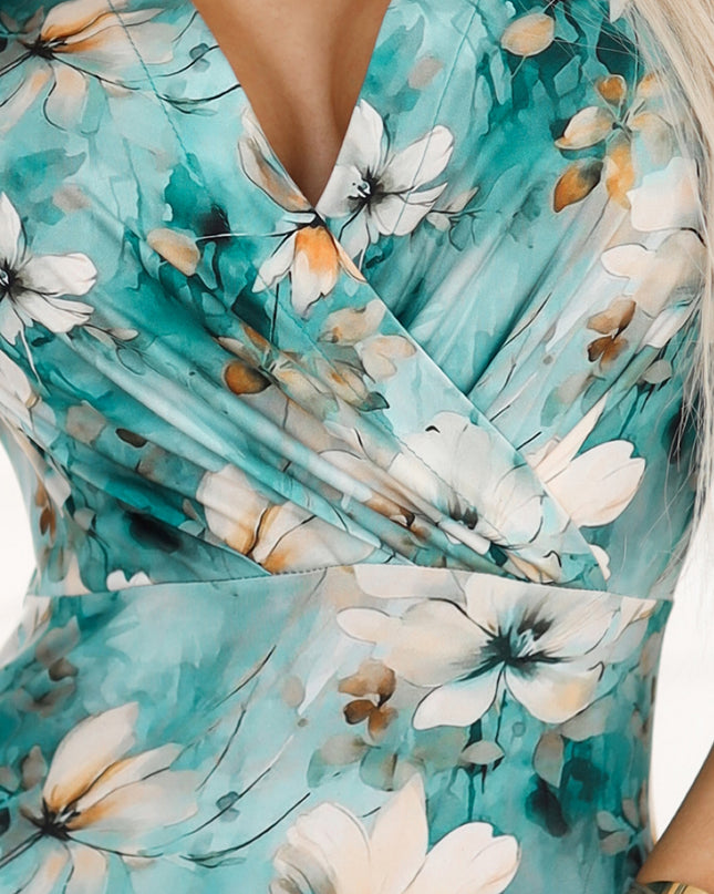 20083-5-BOYKA Tailliertes Kleid mit Umschlagausschnitt - beige Blumen auf türkisfarbenem Hintergrund-5