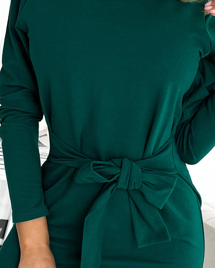 16821-5-394-1 Kleid mit langen Ärmeln und Bindeband in der Taille - grün-5