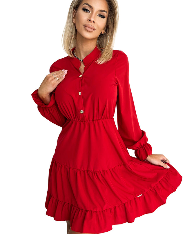 16839-6-395-1 Kleid mit Ausschnitt und goldenen Knöpfen - rot-6