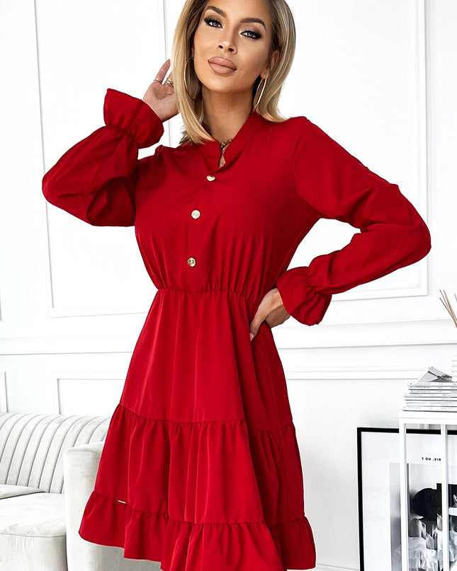 16839-4-395-1 Kleid mit Ausschnitt und goldenen Knöpfen - rot-4