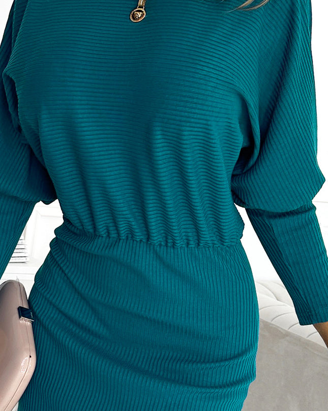 17035-5-399-1 LARA Gestreiftes Kleid mit Bündchen an den Ärmeln - Meeresfarbe-5
