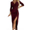 18349-7-404-5 Glänzendes Kleid mit Ausschnitt und Schlitz am Bein - weinrote Farbe-7