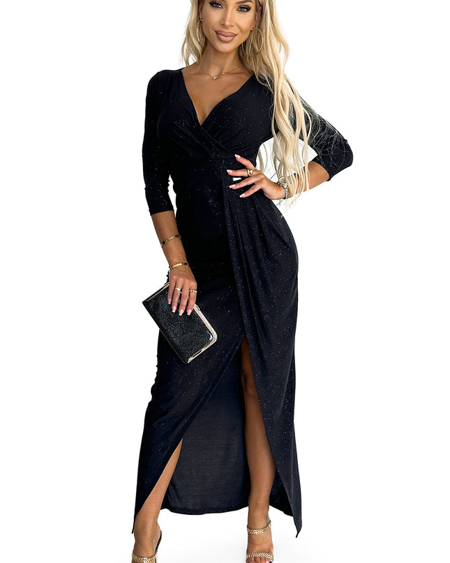 18518-7-404-6 Glänzendes Kleid mit Ausschnitt und Schlitz am Bein - schwarze Farbe-7