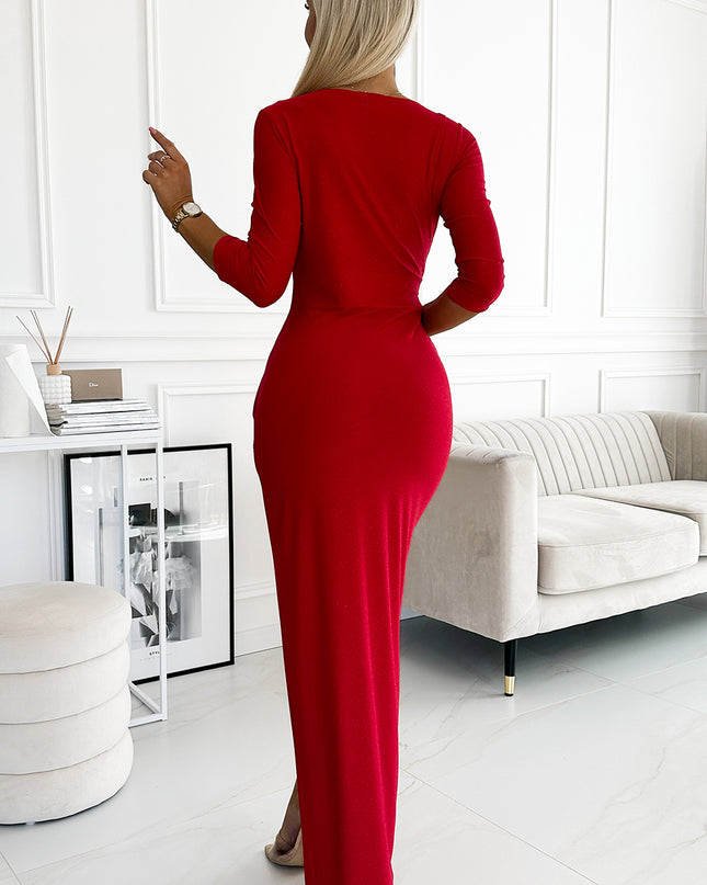 18583-3-404-7 Glänzendes Kleid mit Ausschnitt und Schlitz am Bein - rote Farbe-3