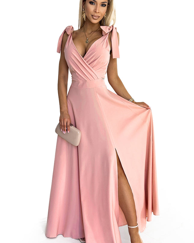 17204-6-405-3 ELENA Langes Kleid mit Ausschnitt und Bändern an den Schultern - schmutzig rosa-6