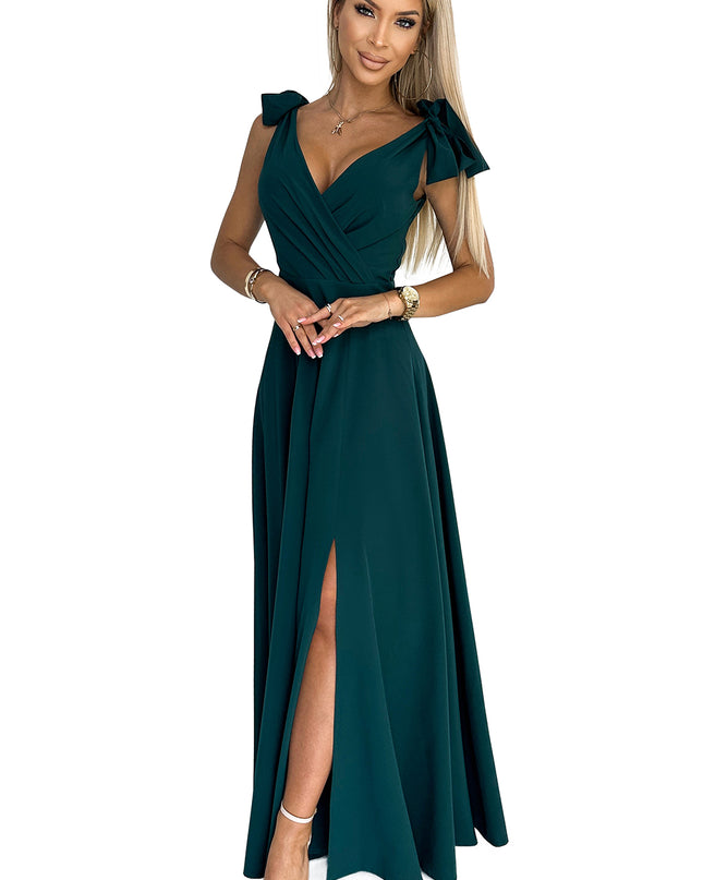 18189-7-405-4 ELENA Langes Kleid mit Ausschnitt und Bändern an den Schultern - Grün-7