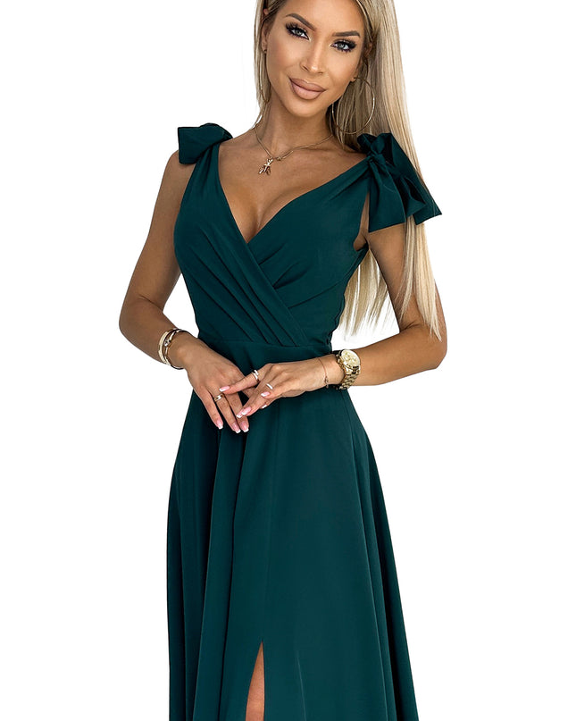 18189-8-405-4 ELENA Langes Kleid mit Ausschnitt und Bändern an den Schultern - Grün-8