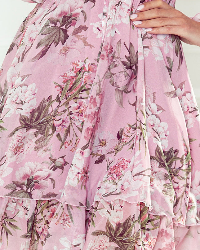 17255-5-410-1 MONICA Chiffonkleid mit gebundenem Ausschnitt - Dirty Pink + Blumen-5