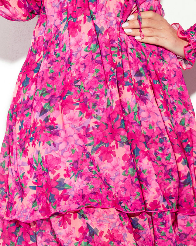 17249-5-410-3 MONICA Chiffonkleid mit gebundenem Ausschnitt - rosafarbene Blumen-5