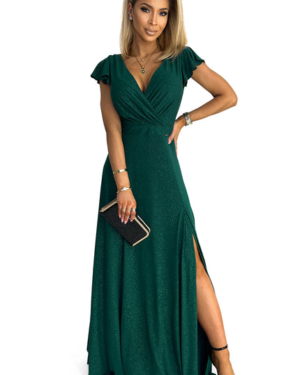 17329-7-411-1 CRYSTAL schimmerndes langes Kleid mit Ausschnitt - grün-7
