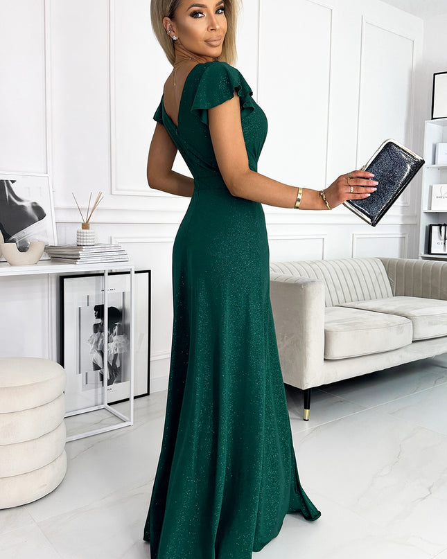 17329-2-411-1 CRYSTAL schimmerndes langes Kleid mit Ausschnitt - grün-2