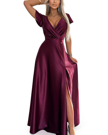 19017-7-411-10 CRYSTAL Langes Kleid aus Satin mit Ausschnitt - weinrote Farbe-7