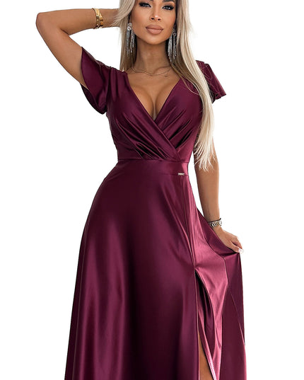 19017-8-411-10 CRYSTAL Langes Kleid aus Satin mit Ausschnitt - weinrote Farbe-8