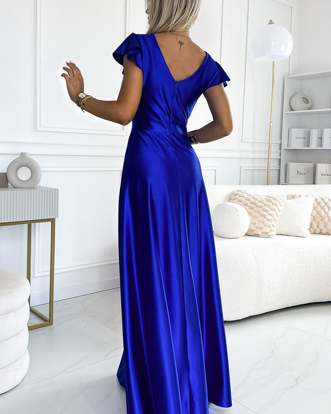 19166-3-411-11 CRYSTAL Langes Kleid aus Satin mit Ausschnitt - blaue Farbe-3