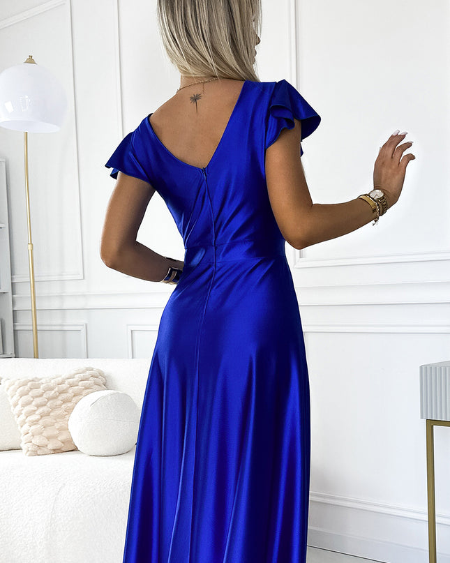 19166-5-411-11 CRYSTAL Langes Kleid aus Satin mit Ausschnitt - blaue Farbe-5