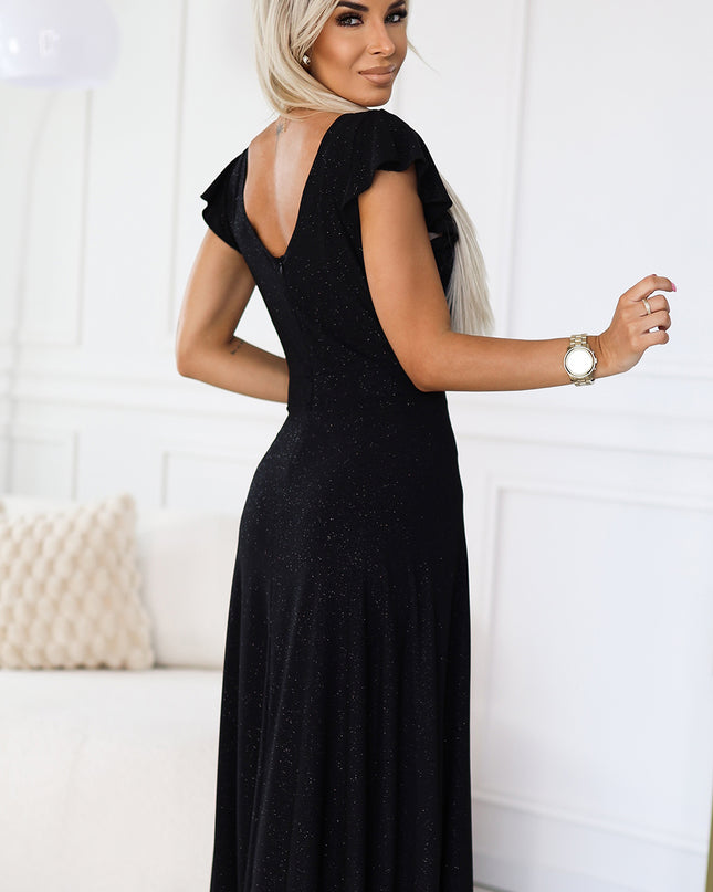 19610-5-411-12 CRYSTAL schimmerndes langes Kleid mit Ausschnitt - schwarz-5