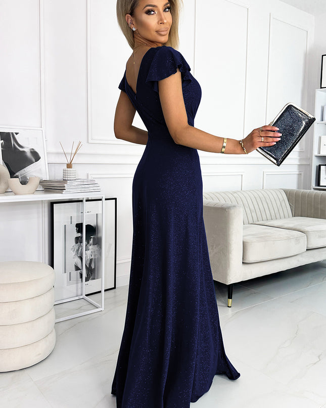 17434-2-411-3 CRYSTAL schimmerndes langes Kleid mit Ausschnitt - Dunkelblau-2