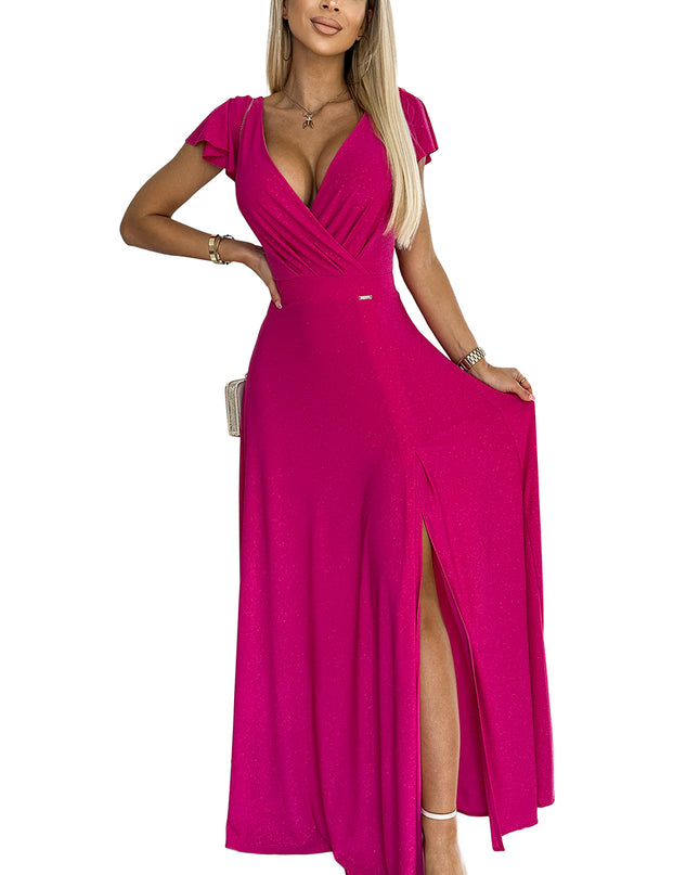 17618-7-411-5 CRYSTAL schimmerndes langes Kleid mit Ausschnitt - Fuchsie-7