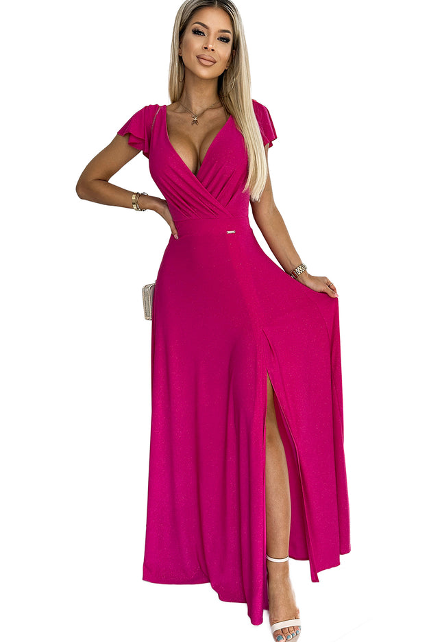 17618-7-411-5 CRYSTAL schimmerndes langes Kleid mit Ausschnitt - Fuchsie-7