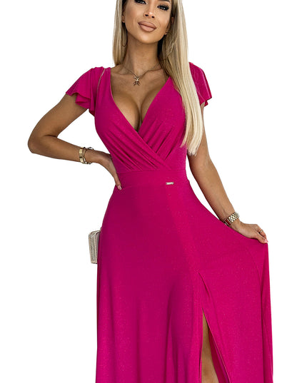 17618-8-411-5 CRYSTAL schimmerndes langes Kleid mit Ausschnitt - Fuchsie-8