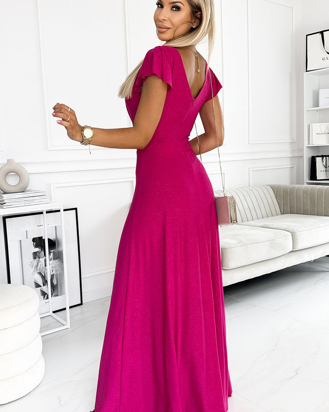 17618-3-411-5 CRYSTAL schimmerndes langes Kleid mit Ausschnitt - Fuchsie-3