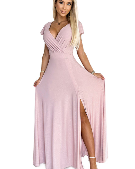 17625-7-411-6 CRYSTAL schimmerndes langes Kleid mit Ausschnitt - schmutzig rosa-7