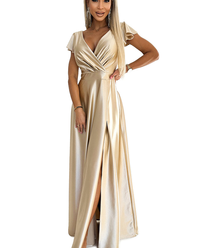 18731-7-411-7 CRYSTAL Langes Kleid aus Satin mit Ausschnitt - Gold-7
