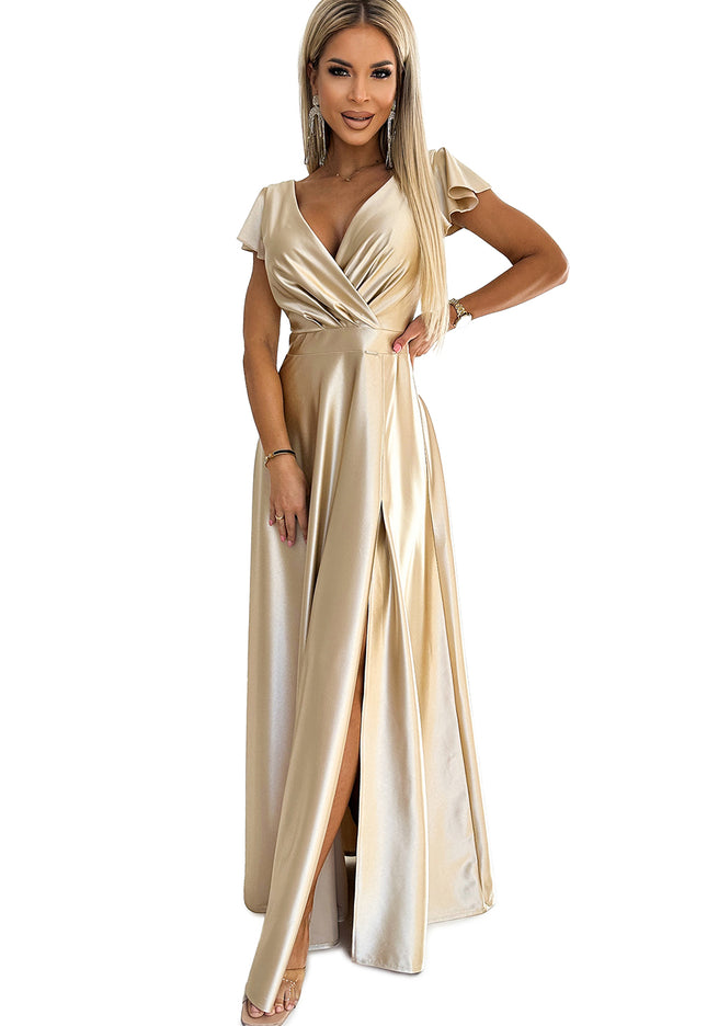 18731-7-411-7 CRYSTAL Langes Kleid aus Satin mit Ausschnitt - Gold-7