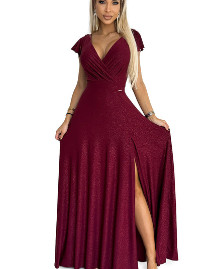 18771-7-411-8 CRYSTAL schimmerndes langes Kleid mit Ausschnitt - weinrote Farbe-7