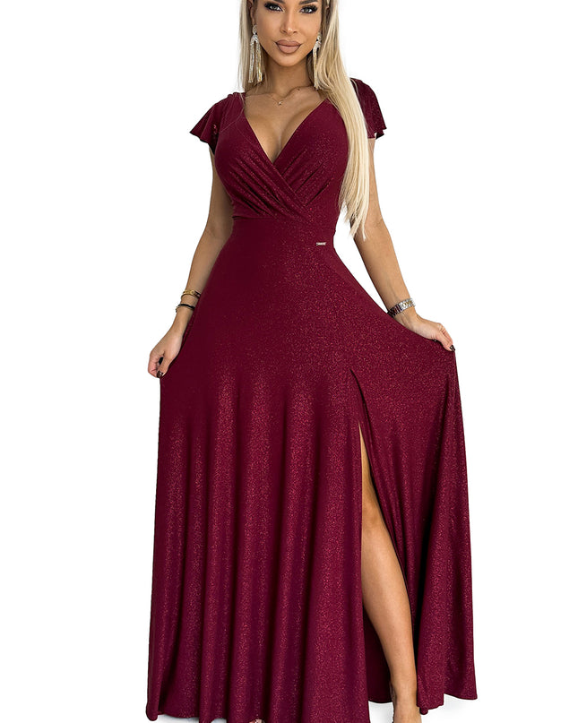 18771-7-411-8 CRYSTAL schimmerndes langes Kleid mit Ausschnitt - weinrote Farbe-7