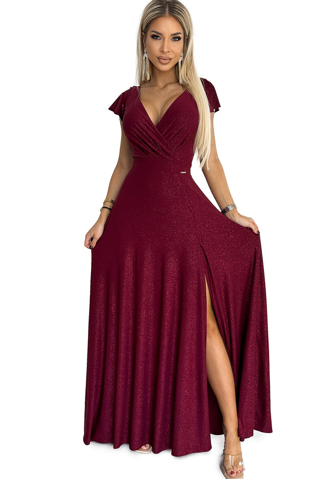 18771-7-411-8 CRYSTAL schimmerndes langes Kleid mit Ausschnitt - weinrote Farbe-7