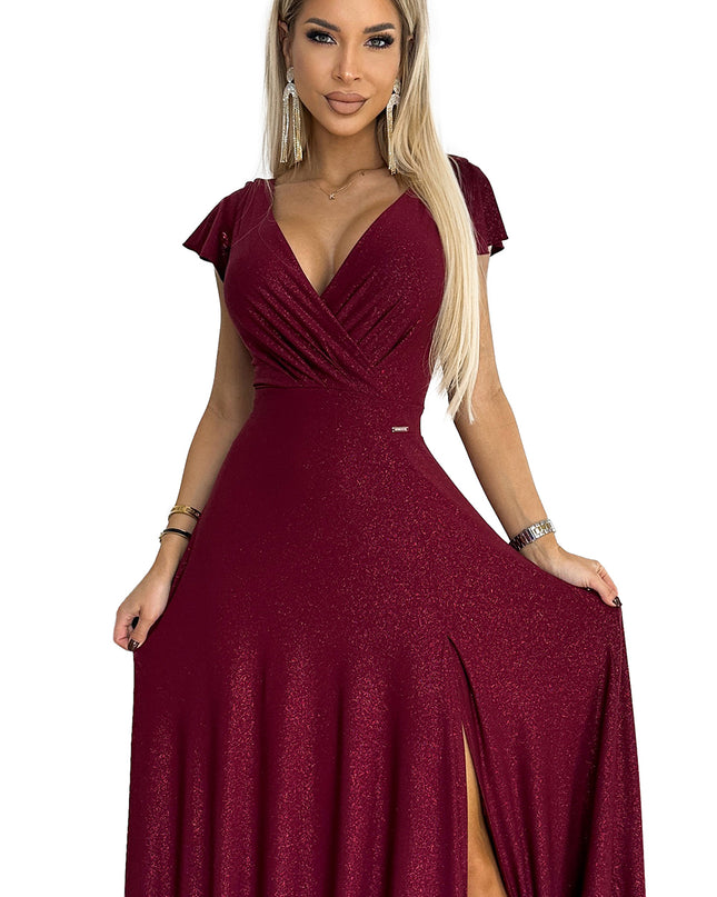 18771-8-411-8 CRYSTAL schimmerndes langes Kleid mit Ausschnitt - weinrote Farbe-8