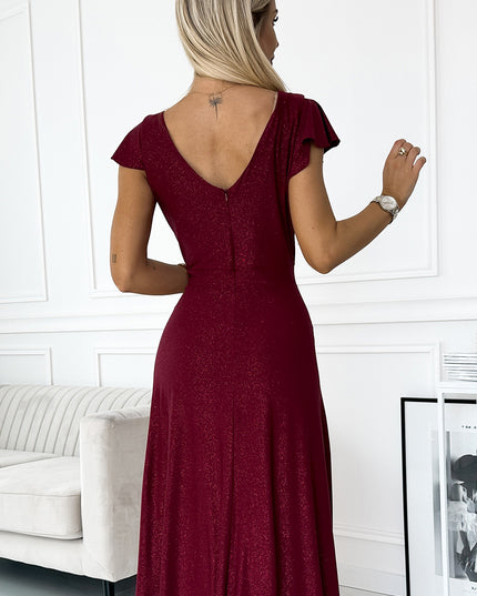 18771-5-411-8 CRYSTAL schimmerndes langes Kleid mit Ausschnitt - weinrote Farbe-5