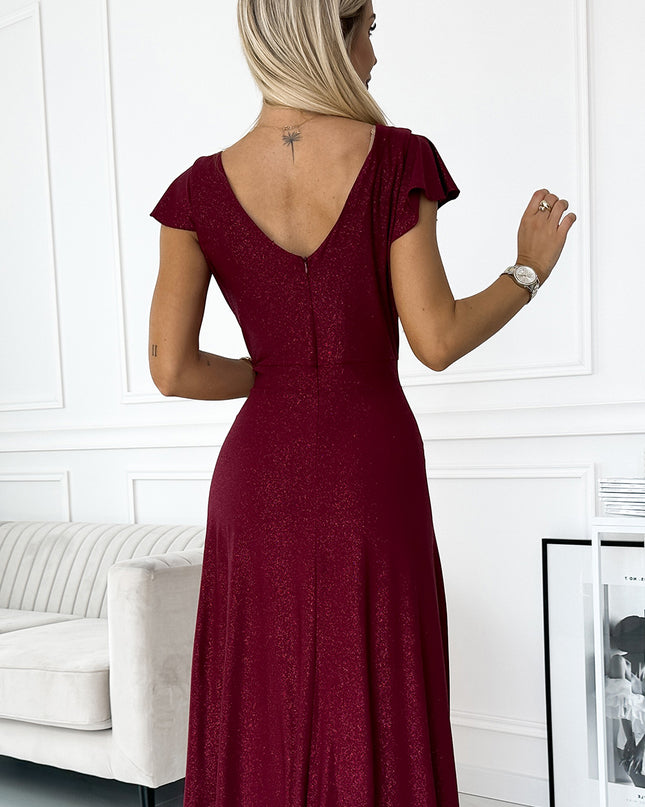 18771-5-411-8 CRYSTAL schimmerndes langes Kleid mit Ausschnitt - weinrote Farbe-5