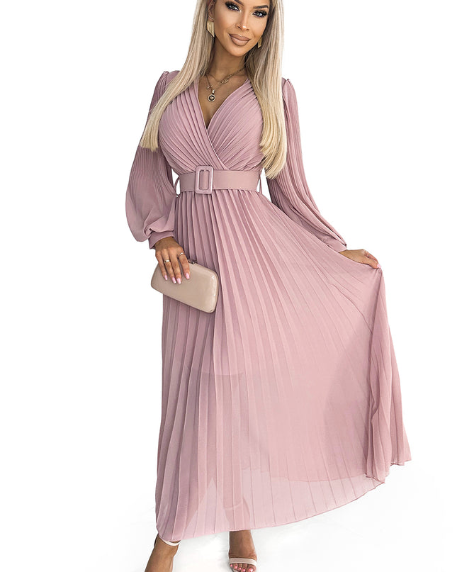 17364-7-414-2 KLARA Faltenkleid mit Gürtel und Ausschnitt - puderrosa-7