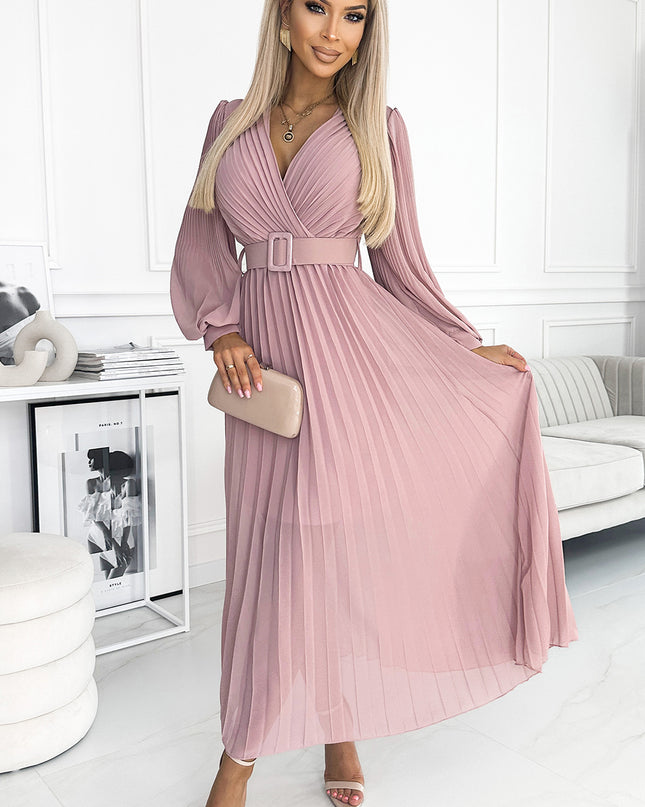 17364-1-414-2 KLARA Faltenkleid mit Gürtel und Ausschnitt - puderrosa-1