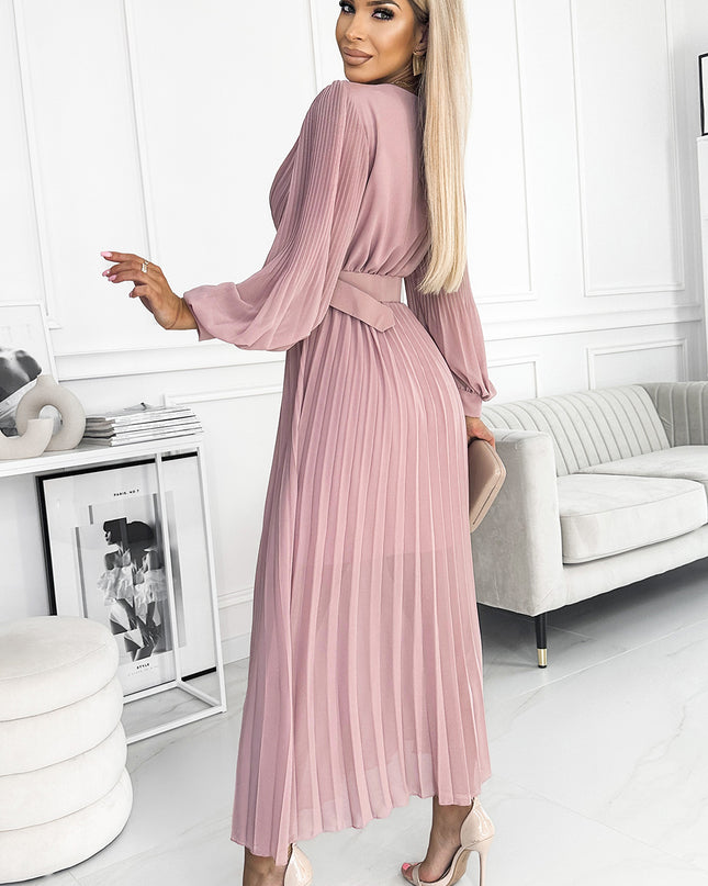 17364-2-414-2 KLARA Faltenkleid mit Gürtel und Ausschnitt - puderrosa-2