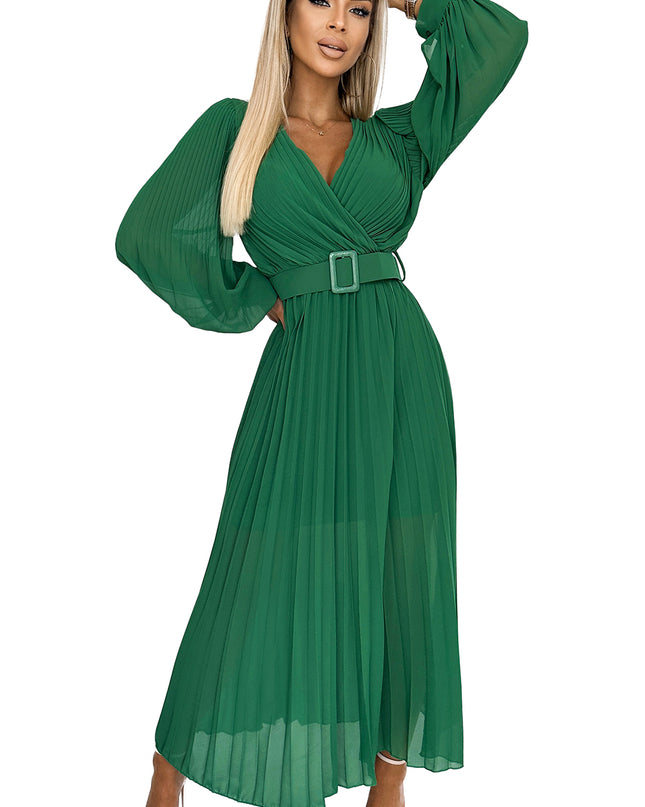 17494-7-KLARA Faltenkleid mit Gürtel und Ausschnitt - grün-7