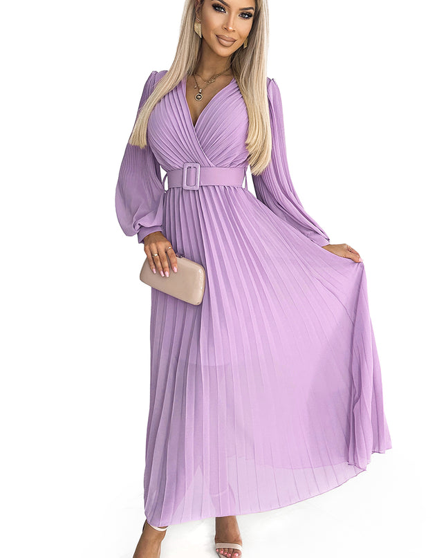 17536-7-414-6 KLARA Faltenkleid mit Gürtel und Ausschnitt - Heidefarbe-7