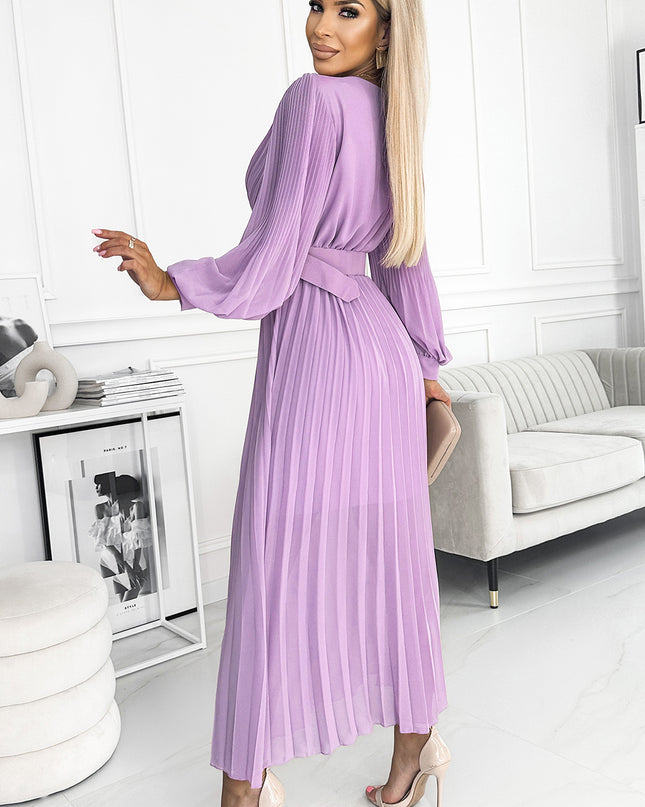 17536-2-414-6 KLARA Faltenkleid mit Gürtel und Ausschnitt - Heidefarbe-2