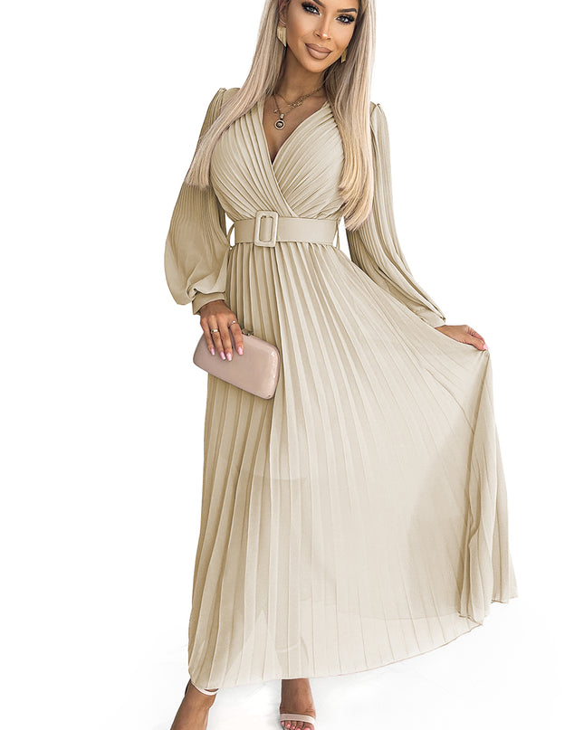 17783-6-414-8 KLARA Faltenkleid mit Gürtel und Ausschnitt - Beige-6