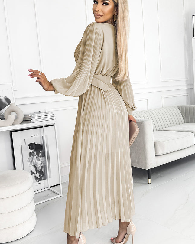17783-3-414-8 KLARA Faltenkleid mit Gürtel und Ausschnitt - Beige-3