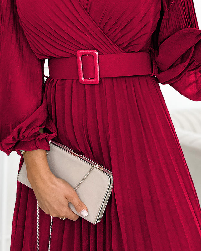 18104-6-KLARA Faltenkleid mit Gürtel und Ausschnitt - weinrote Farbe-6