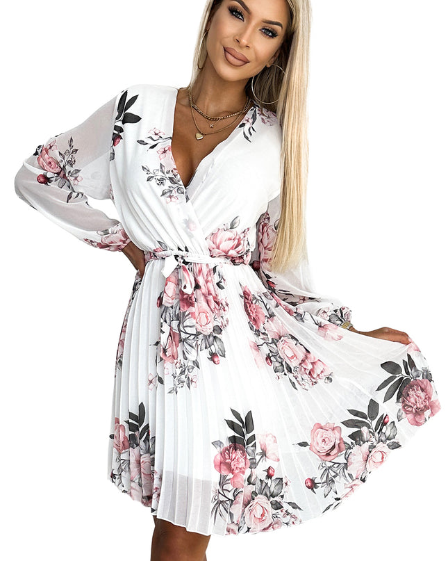 17501-7-415-2 YSABEL Faltenkleid mit Ausschnitt, langen Ärmeln und Gürtel - weiß mit Rosen-7
