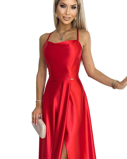 17463-8-PERLA langes satinkleid mit ausschnitt auf der rückseite - rot-8