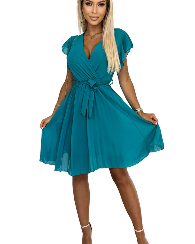 17848-7-424-1 Faltenkleid aus Chiffon mit Ausschnitt und Rüschen - Meeresfarbe-7